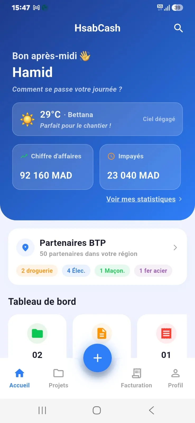 Tableau de bord HsabCash — vue chantiers et trésorerie sur mobile