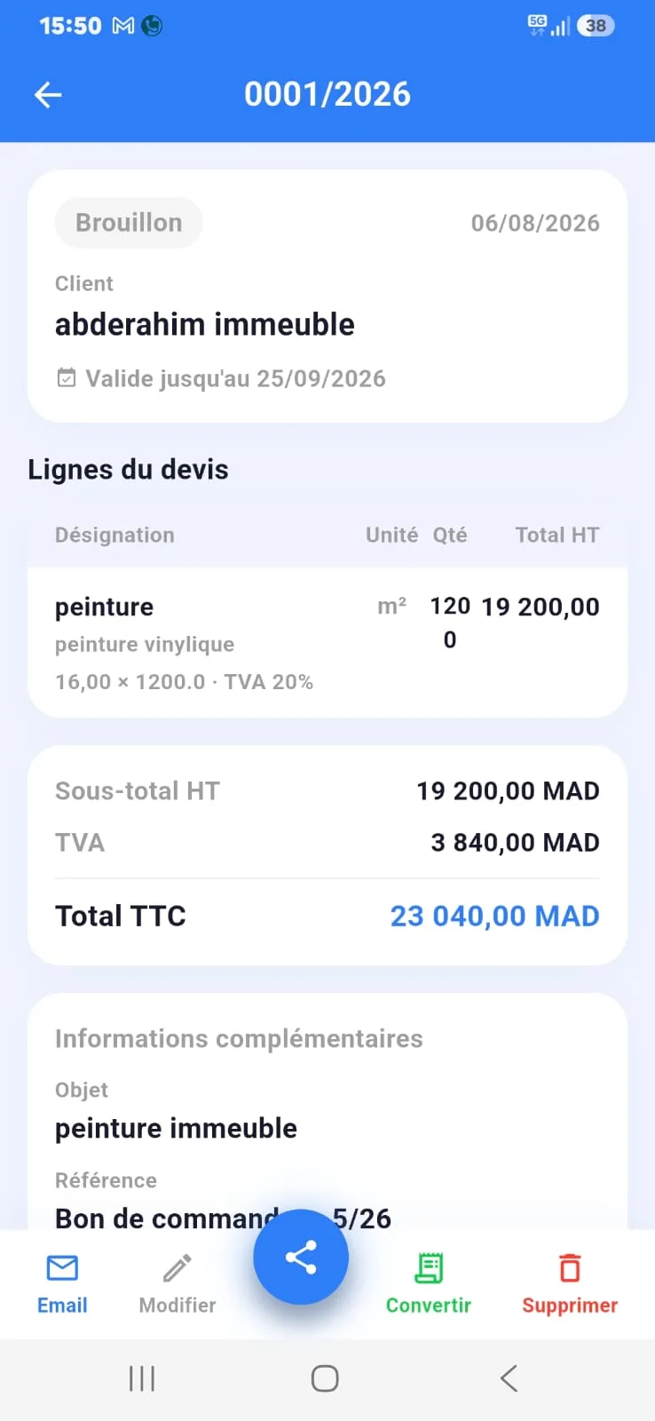Création d'un devis BTP sur HsabCash — saisie des lignes et montants