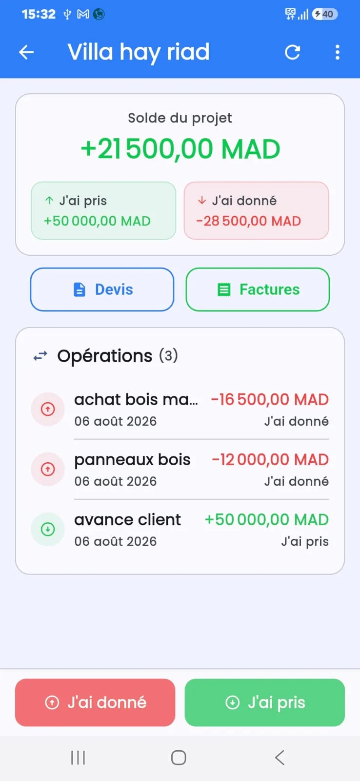 Suivi de chantier HsabCash — rentabilité en temps réel