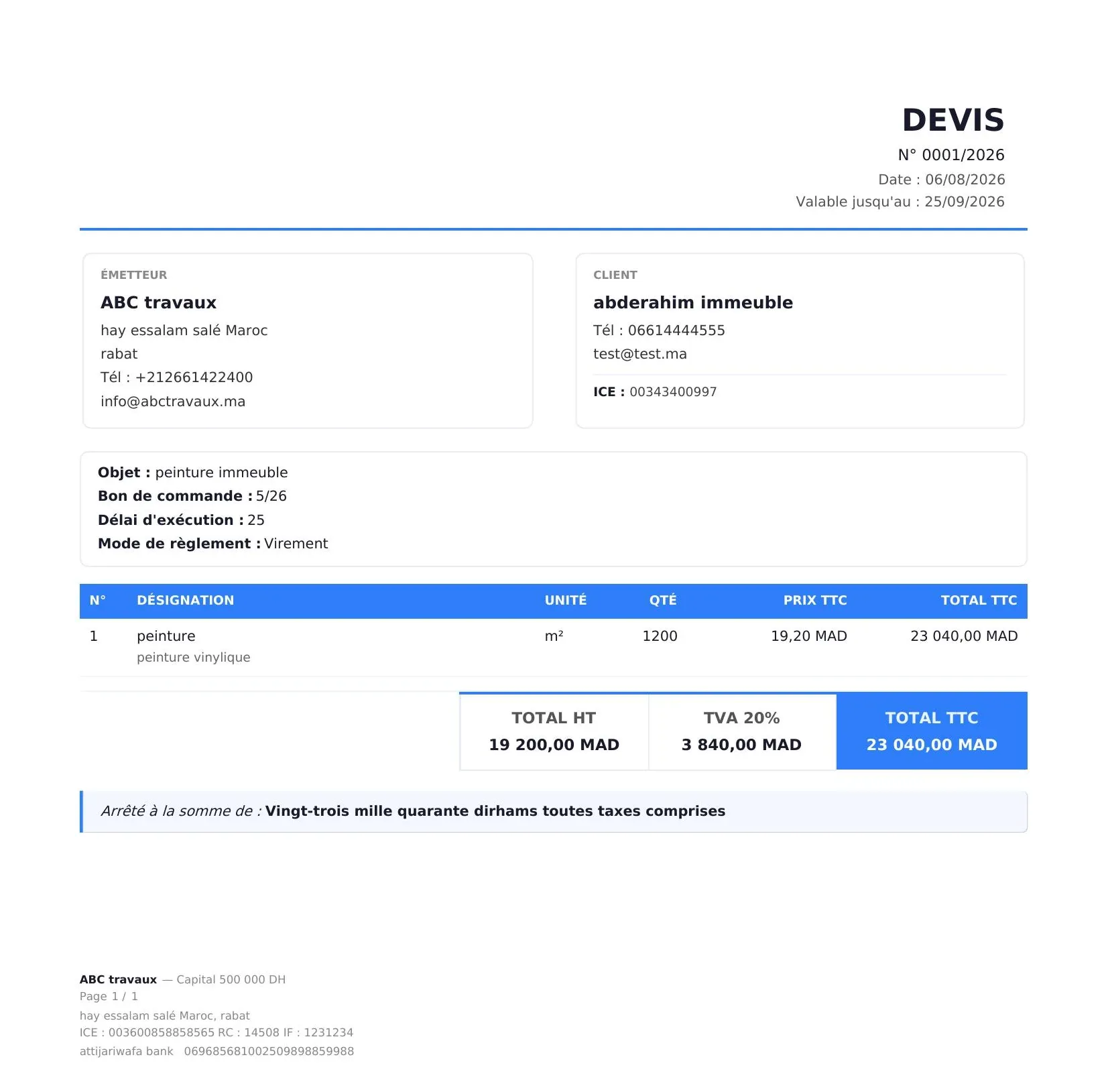 PDF devis HsabCash avec mentions ICE, RC, IF et TVA conformes